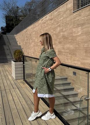 Сукня льняна жіноча в квіточку літня плаття сорочка халат на ґудзиках з короткими рукавами вільна для вагітних хакі бежева синя9 фото