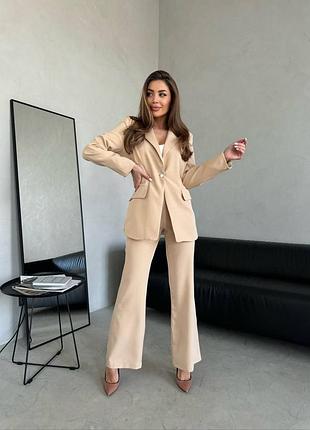 Костюм піджак приталений жакет брюки кльош від коліна штани на високій посадці вкорочена майка комплект чорний сірий білий рожевий бежевий коричневий