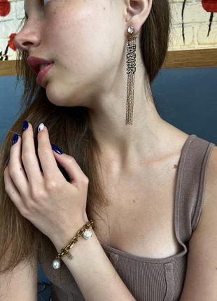 Диор браслет цепочка с подвесными жемчужинками / браслет с логотипом позолота (можно набором с сережками)