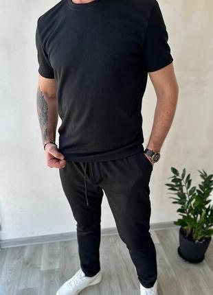 Костюм футболка вільного крою майка штани прямі брюки комплект стильний базовий спортивний чорний сірий4 фото
