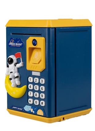 Сейф скарбничка електронна дитяча музична з купюроприймачем кодовим замком та відбитком пальця єдиноріг синій3 фото