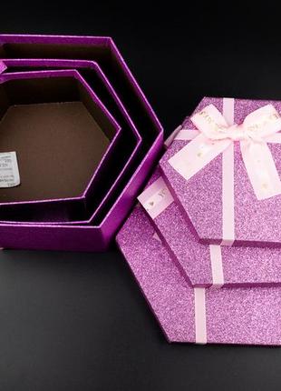 Коробка подарункова шестикутник. 3 шт/комплект. колір рожевий глітер. 19х10см.3 фото