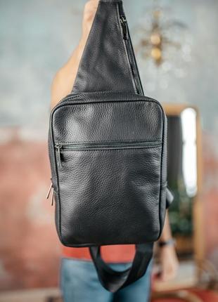 Мужской черный слинг, сумка на грудь из натуральной кожи, кожаная вместительная черная сумка2 фото