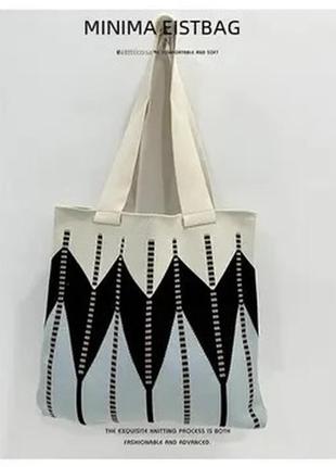 Тренд стильна жіноча в'язана текстильна сумка шопер на плече графічний принт абстракція1 фото