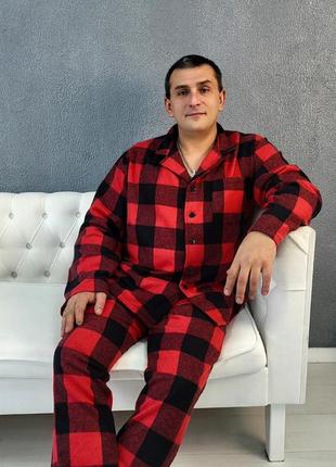 Пижама байковая мужская кофта на пуговицах и штаны стильный и элегантный домашний костюм в клетку