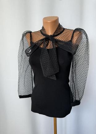 River island черный топ черная блуза нарядная с объемными ажурными рукавами сеточка бант готок готическая