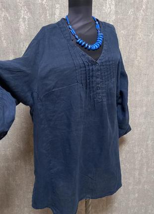 Блуза, рубашка, туника льняная, свободного кроя 100%лен, синяя,р.52-54 ,лёгкая, летняя.6 фото