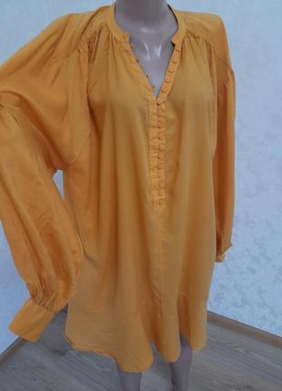 Яркая блуза туника в медовом цвете пышный рукав7 фото