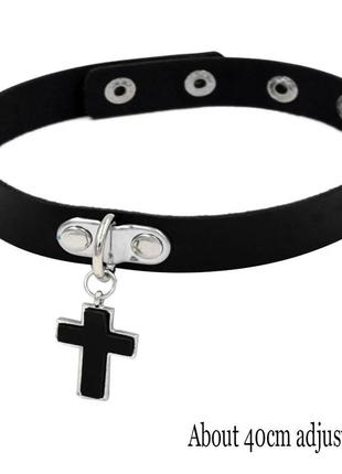 Стильний шкіряний чорний чокер з хрестом у стилі панк готичний нашийник підвіска хрест