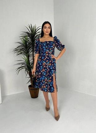 Легкое платье с коротким рукавом и с разрезом на ноге🌸4 фото