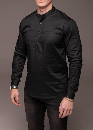 Мужская рубашка с длинным рукавом классическая стойка casual черная9 фото