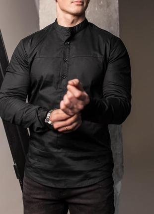 Мужская рубашка с длинным рукавом классическая стойка casual черная7 фото