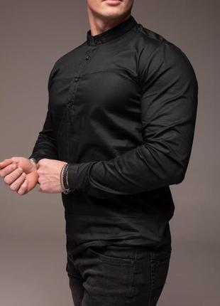 Мужская рубашка с длинным рукавом классическая стойка casual черная6 фото