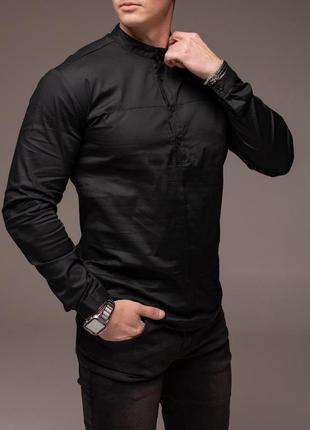 Мужская рубашка с длинным рукавом классическая стойка casual черная5 фото