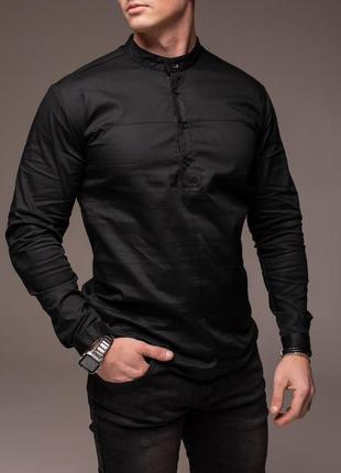 Мужская рубашка с длинным рукавом классическая стойка casual черная