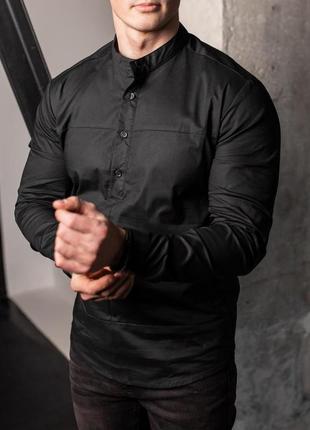 Мужская рубашка с длинным рукавом классическая стойка casual черная2 фото