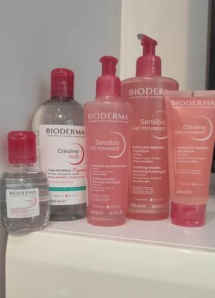 Bioderma sensibio гель для вмивання, bioderma crealine гель, міцелярна вода, лосьйон