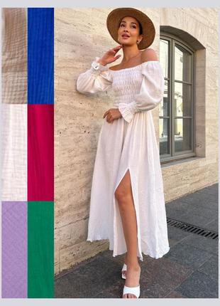 Сукня міді муслінова бавовняна жіноча корсетна на резинці з рукавами ліхтариками плаття для вагітних зелений малина електрик молоко бежевий