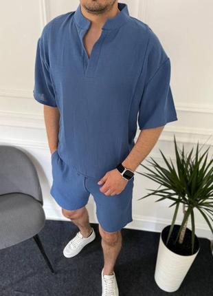 Костюм чоловічий лляний однотонний оверсайз футболка шорти з кишенями якісний стильний синій мокко