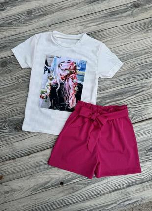 Детский летний костюм для девочки футболка шорты в рубчик