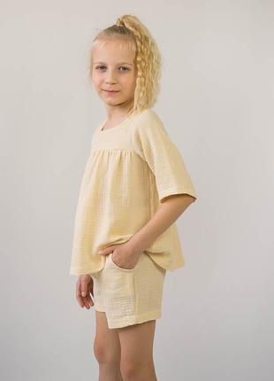 Легкий летний комплект из муслина для девушек, муслиновый костюм шорты и блуза, муслиновый комплект для жаркого лета4 фото