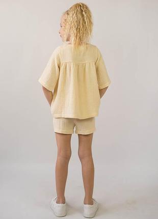 Легкий летний комплект из муслина для девушек, муслиновый костюм шорты и блуза, муслиновый комплект для жаркого лета5 фото