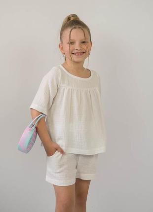 Легкий літній комплект із мусліну для дівчат, мусліновий костюм шорти і блуза, муслиновый комплект для жаркого лета1 фото