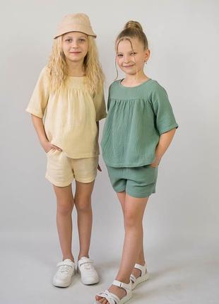Легкий літній комплект із мусліну для дівчат, мусліновий костюм шорти і блуза, муслиновый комплект для жаркого лета2 фото