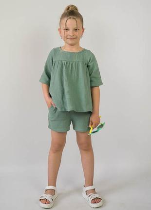 Легкий літній комплект із мусліну для дівчат, мусліновий костюм шорти і блуза, муслиновый комплект2 фото