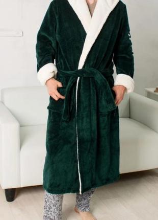 Теплий махровий чоловічий халат, довгий, на запах, під пояс, з капюшоном р.42,44,46,48,50,52,54 зелений
