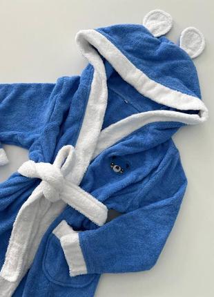 Дитячий махровий халат з ведмедиком синій 100% бавовна (пояс+капюшон)2 фото