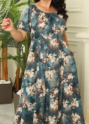 Жіноче ошатне літнє плаття, тканина софт р. л (48-50), хл (52-54), 2хл (56-58) сині магнолії