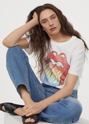 Біла футболка з бавовни топ із принтом rolling stones від h&m