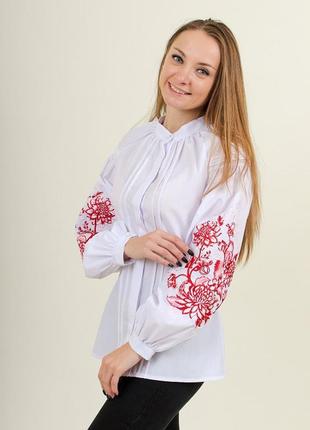 Жіноча, ошатна блузка — вишиванка "рожева симфонія", р. s, l.xl.2xl біла з червоний виш2 фото