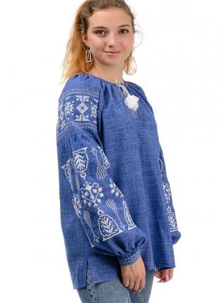 Женская нарядная блузка - вышиванка "купава", ткань лен-габардин, р. s,m,l,xl,2xl,3xl джинс3 фото