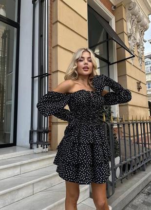 Чорна пишна сукня міні з воланами у горох софт 42 44 46 48 хс с м л xs s m l