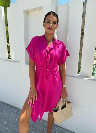 Платье рубашка миди розовое малиновое фуксия хаки зелёное бежевое на кулиске спортивное туника халат повседневное