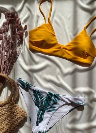 Купальник топ на тонких бретелях бікіні в принт листя жовтий8 фото