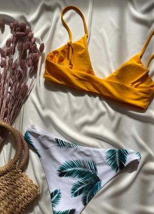 Купальник топ на тонких бретелях бікіні в принт листя жовтий9 фото