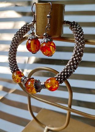 Металлический набор 🔹браслет+серьги, с элементами под янтарь