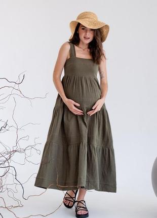 Платье для беременных муслин, сарафан для будущих мам макси хакі4 фото
