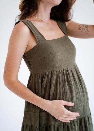Платье для беременных муслин, сарафан для будущих мам макси хакі2 фото