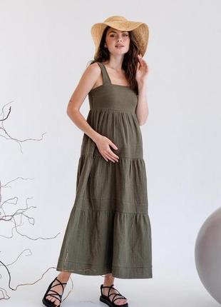 Платье для беременных муслин, сарафан для будущих мам макси хакі3 фото