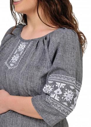 Женская нарядная блузка - вышиванка "пани", рукав 3/4, ткань лен-габардин р. 46,48,50.52.54,56,58,60 серая3 фото
