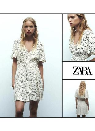 Легенька мінісукня з ніжним принтом zara в горошок горох молочна бежева чорна жіноча коротка міні віскоза літня сарафан сукня плаття жіноче коротке
