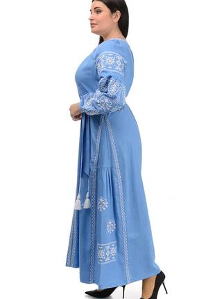 Платье вышиванка мрия,  нарядное, ткань лён-жатка, р-р  s,m,l,xl,2xl,3xl голубое4 фото