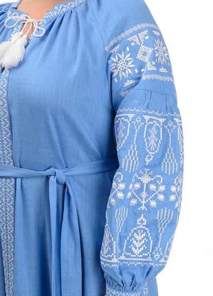 Платье вышиванка мрия,  нарядное, ткань лён-жатка, р-р  s,m,l,xl,2xl,3xl голубое3 фото