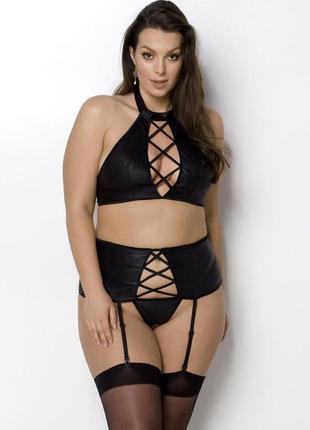 Комплект с имитацией шнуровки nancy set black 6xl/7xl - passion топ, трусики и пояс для чулок feromon1 фото