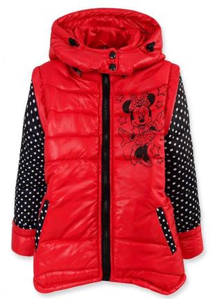Осенняя куртка для девочек микки, рукава съемные, рост 104 на синтепоне, красная