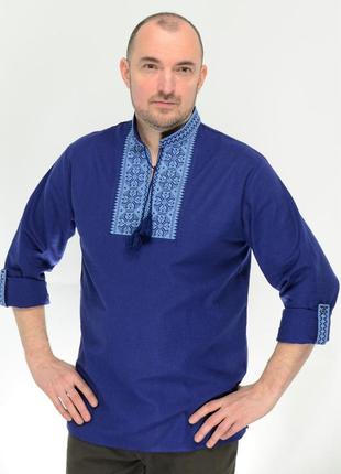 Мужская сорочка вышиванка модерн,  длинный рукав, лён сорочечный,  р.44,46,48,50,52,54,56,58,60 синий1 фото